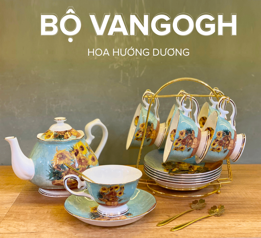 Set ấm trà Vangogh + 6 tách kèm giá treo và hộp quà tặng hoa hướng dương